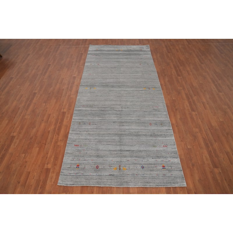 Hand Knotted Oriental Viscose Silk Carpet Tribal Animal Pictorial Greys & Charcoal Gabbeh Area Rug - 11' 10'' X 5' 1''