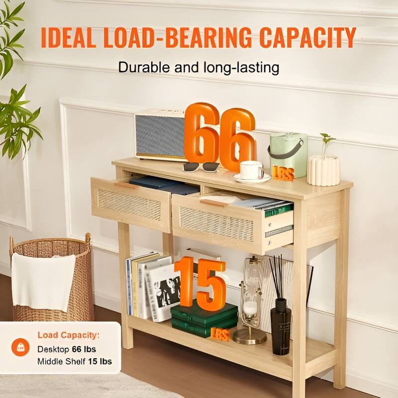 Natural Rattan Entryway Table with 2 Drawers, Storage Console - 39.37 × 11.81 × 29.33 in