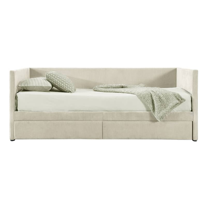 Beige Twin Corduroy Daybed with Storage Drawers and Wood Slat Support - No Box Spring Needed