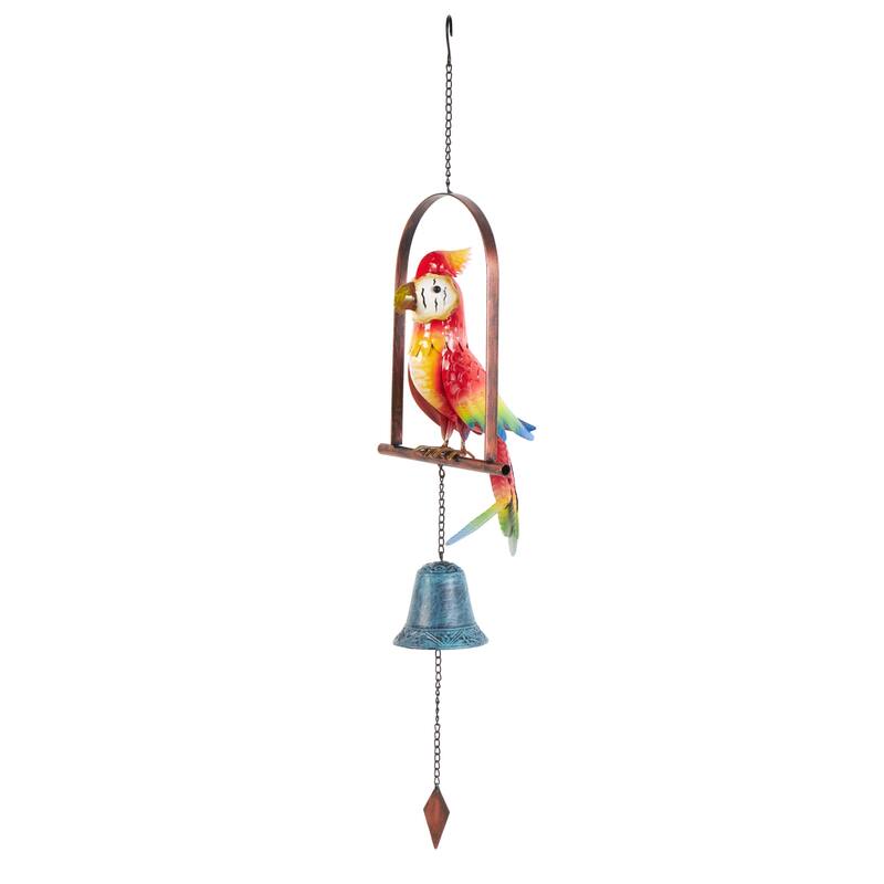 Metal Parrot Handmade Perched Windchime with Hanging Bell - Red - Roche River Decor