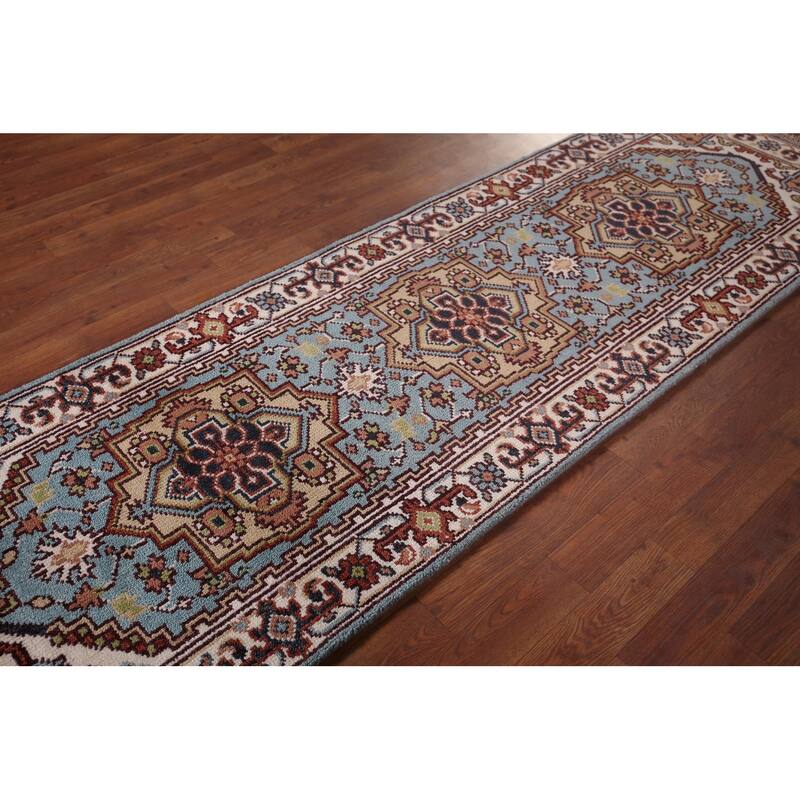 Light Blue Heriz Serapi Oriental Runner Rug Hand-Knotted Wool Carpet - 2'6"x 8'1"