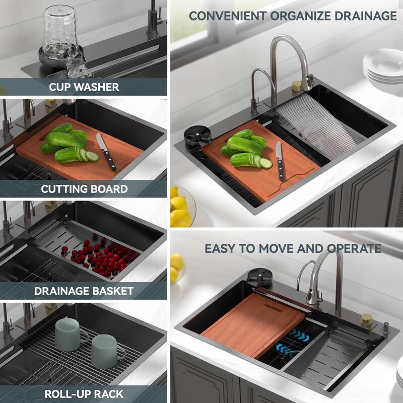 33x22 in. Fly Rain Drop in Kitchen Sink Single Bowl Waterfall Workstation Kitchen Basin with Faucet