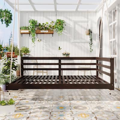 Country Patio Wooden Twin Size Swing Daybed Porch Swing Frame with 4pcs 96-inch Hemp Ropes for Backyard, Garden