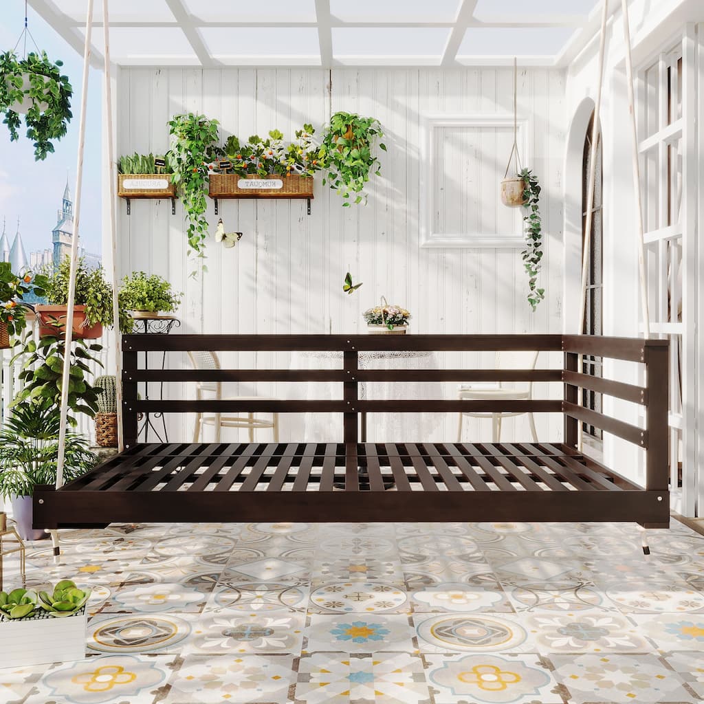 Country Patio Wooden Twin Size Swing Daybed Porch Swing Frame with 4pcs 96-inch Hemp Ropes for Backyard, Garden