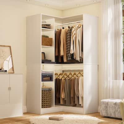 36" Corner Closet System with 2 Hanging Rods and Hutches, Freestanding Corner Wardrobe Rack with Adjustable Shelves