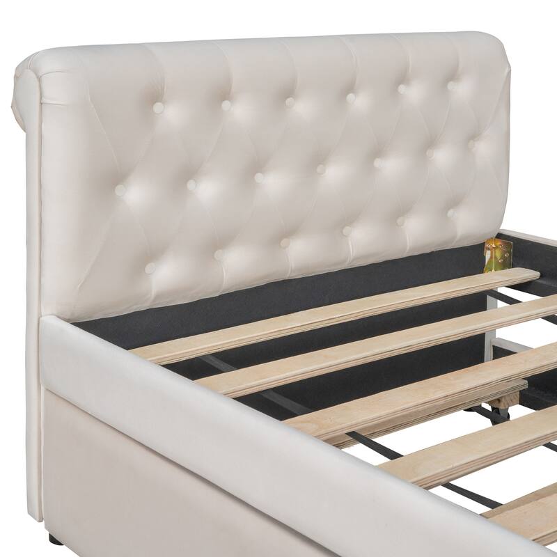Beige Upholstered Twin Size Daybed Sofa Bed with Trundle, Fabric and Wood Frame Wood Slat Support
