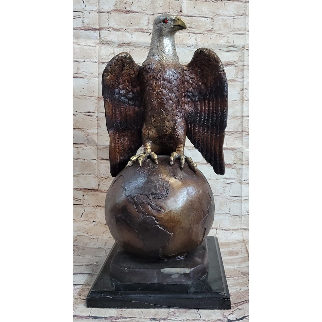 American Bald Eagle Perched On Globe Planet Earth Bronze Statue Sculpture Art