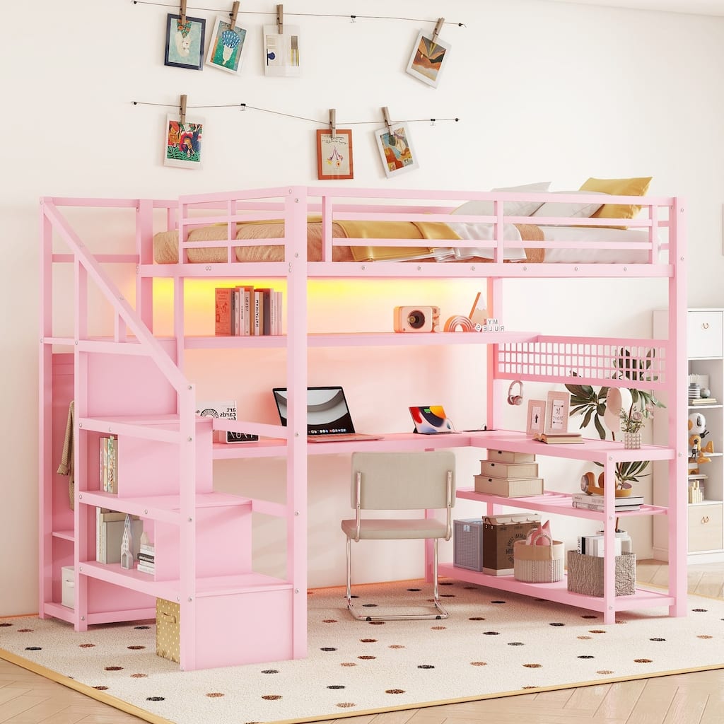 Full Size Metal Loft Bed with Staircase, Wardrobe, Desk, Storage Shelves, LED Lights, and Charge Station, Pink