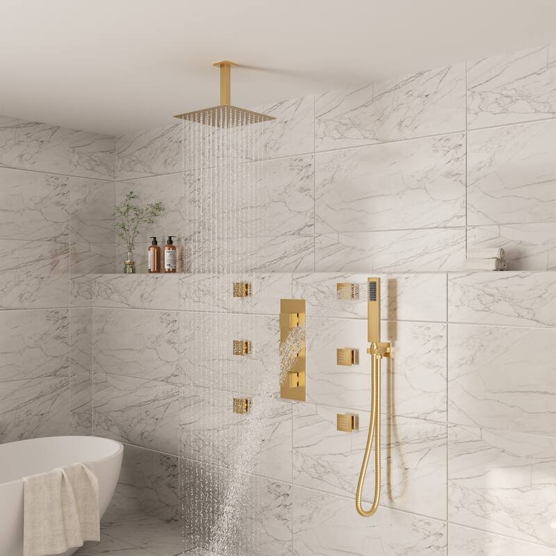 Thermostatic 3-Spray 12 in. Ceiling Mount Shower System with Handheld Shower Head and 6 Body Jets - 12" x 12"