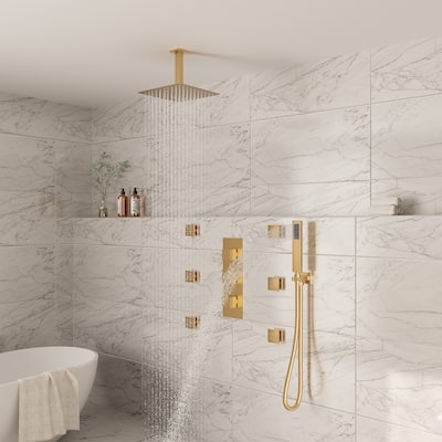 Thermostatic 3-Spray 12 in. Ceiling Mount Shower System with Handheld Shower Head and 6 Body Jets - 12" x 12"