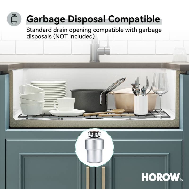 HOROW White Fireclay 32 in. Single Bowl Undermount/Drop-In Kitchen Sink with Basket Strainer and Sink Grid