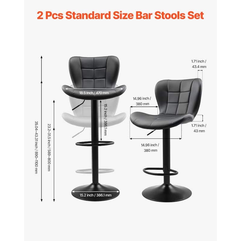 Set of 2 Adjustable Height Counter Bar Stools with Comfortable PU Leather Cushion Seat and Footrest - 18.50” x 21.06” x 35.04”