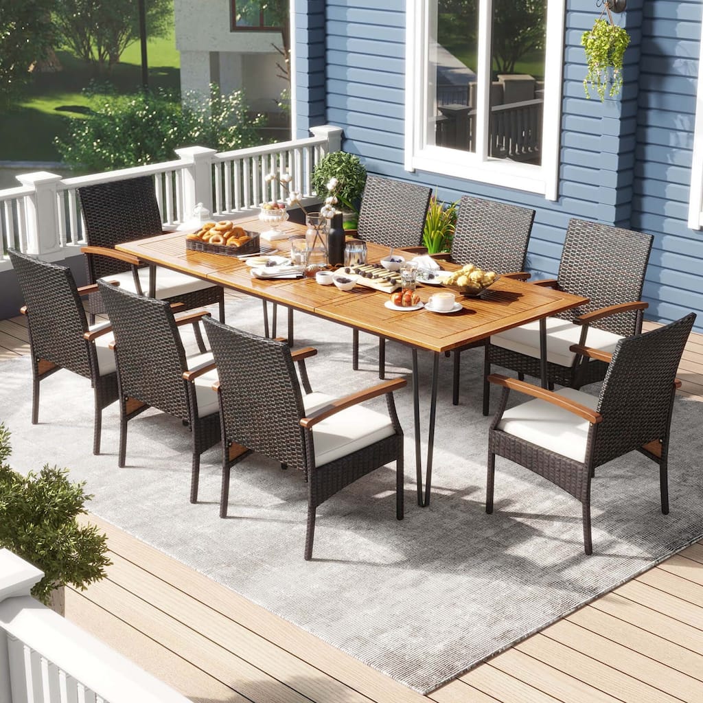 Costway 9 PCS Outdoor Patio Dining Set Armchairs Set of 8 and Acacia - See Details