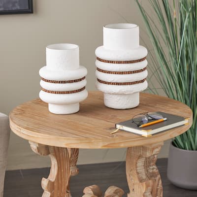 White Glass Textured Decorative Vase with Brown Wood Beaded Stripes (Set of 2)