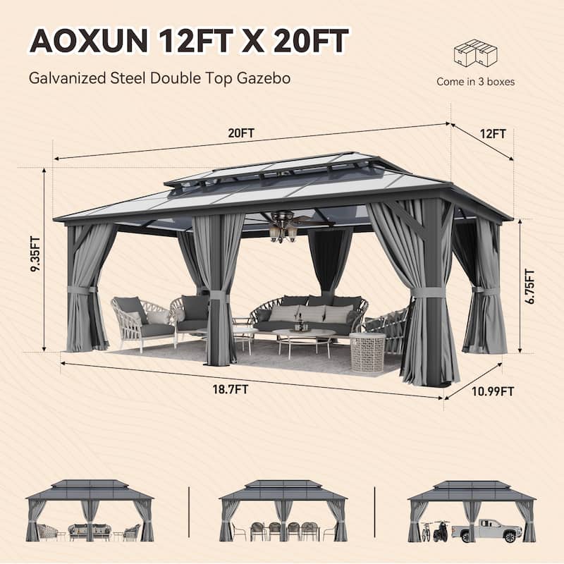 Hardtop Gazebo, Aluminum Frame Permanent Pavilion with Curtains and Netting
