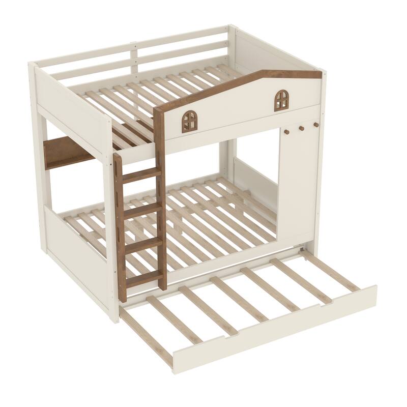Roomfitters Full over Full Bunk Bed with Trundle and Storage Shelves, Solid Wood Frame with Hooks, Beige