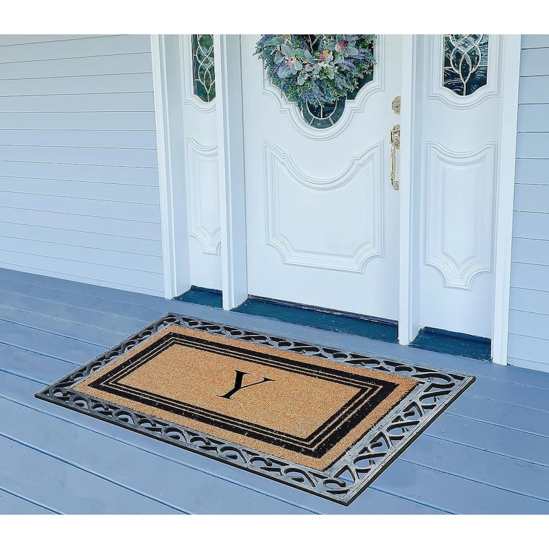 A1HC Natural Coir & Rubber Monogrammed Entrance Door Mats, Non-Slip, Flock Doormat, Thin-Profile Indoor Outdoor Doormat 24"x36"