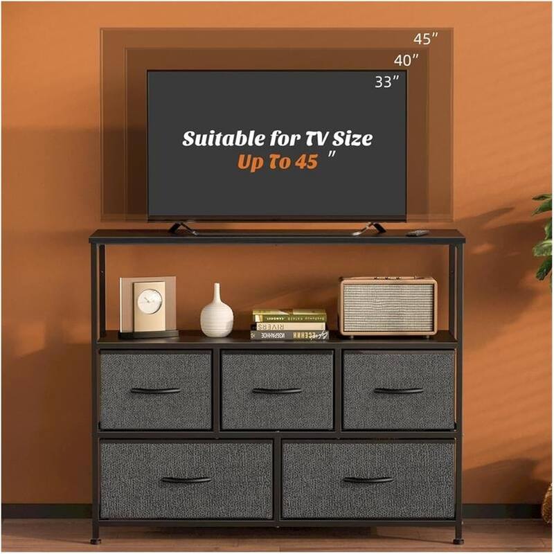 Modern 5 Fabric Drawer 11.8 in. Wide Chest of Drawers with Open Shelf & TV Stand for 45 Inch TV Living Room