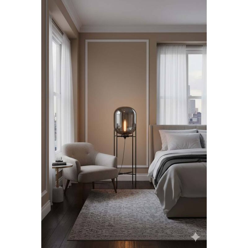 1 Light Matte Black Metal Floor Lamp with Smoke Glass Shade