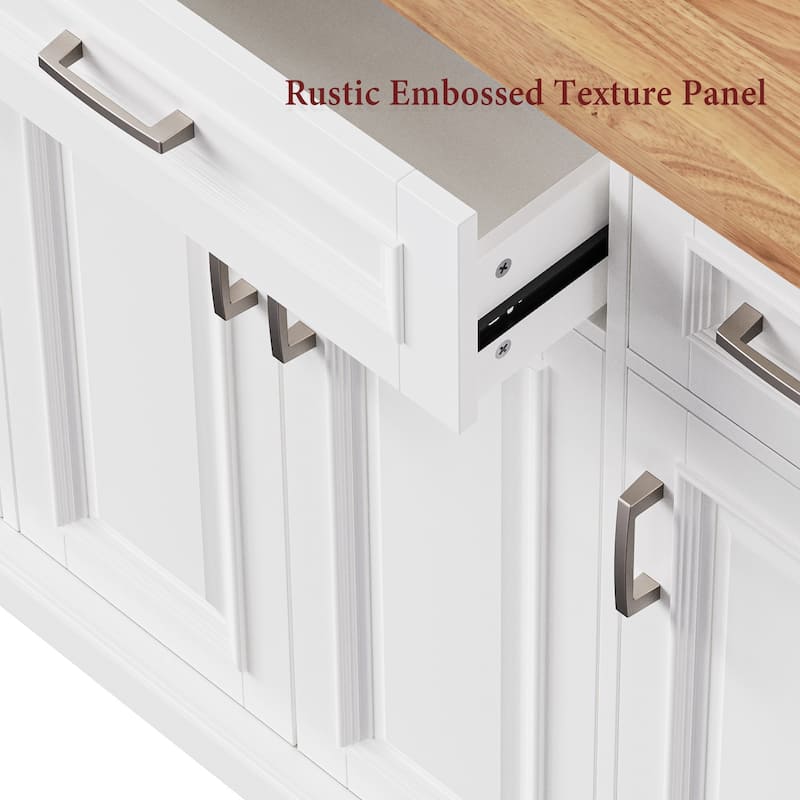 54" Large Rolling Kitchen Island with Rubber Wood Drop Leaf - Embossed Texture Storage Cart with 4 Doors & 3 Drawers for Kitchen