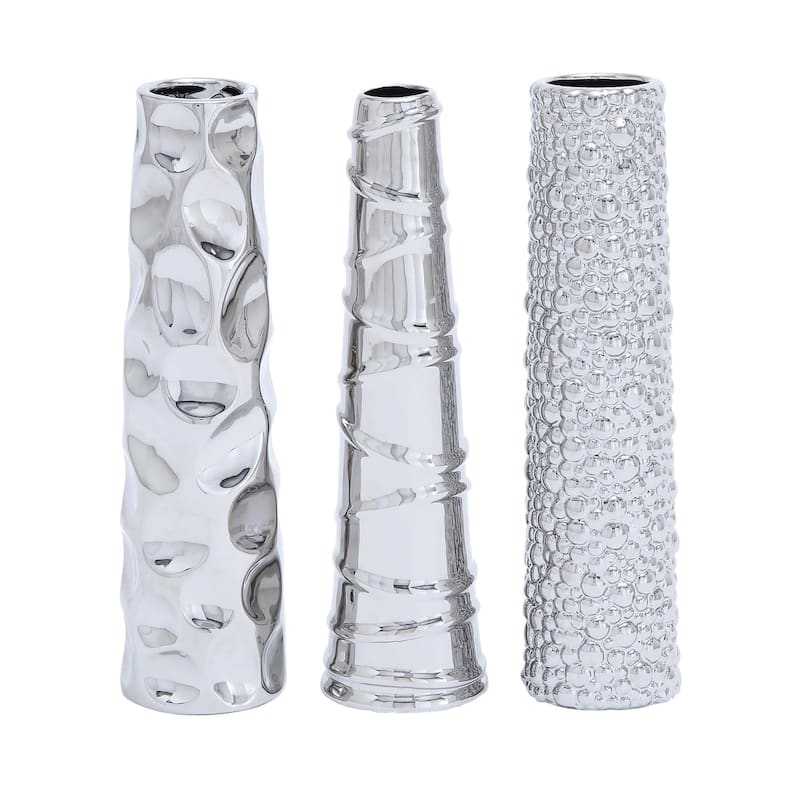 Ceramic Slim Cone Shaped Decorative Vase with Varying Textures - Set of 3 Silver - Roche River Decor - Silver