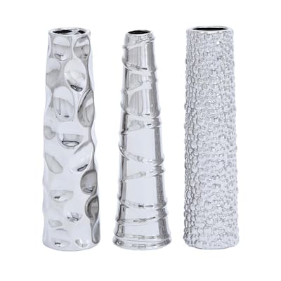Ceramic Slim Cone Shaped Decorative Vase with Varying Textures - Set of 3 Silver - Roche River Decor