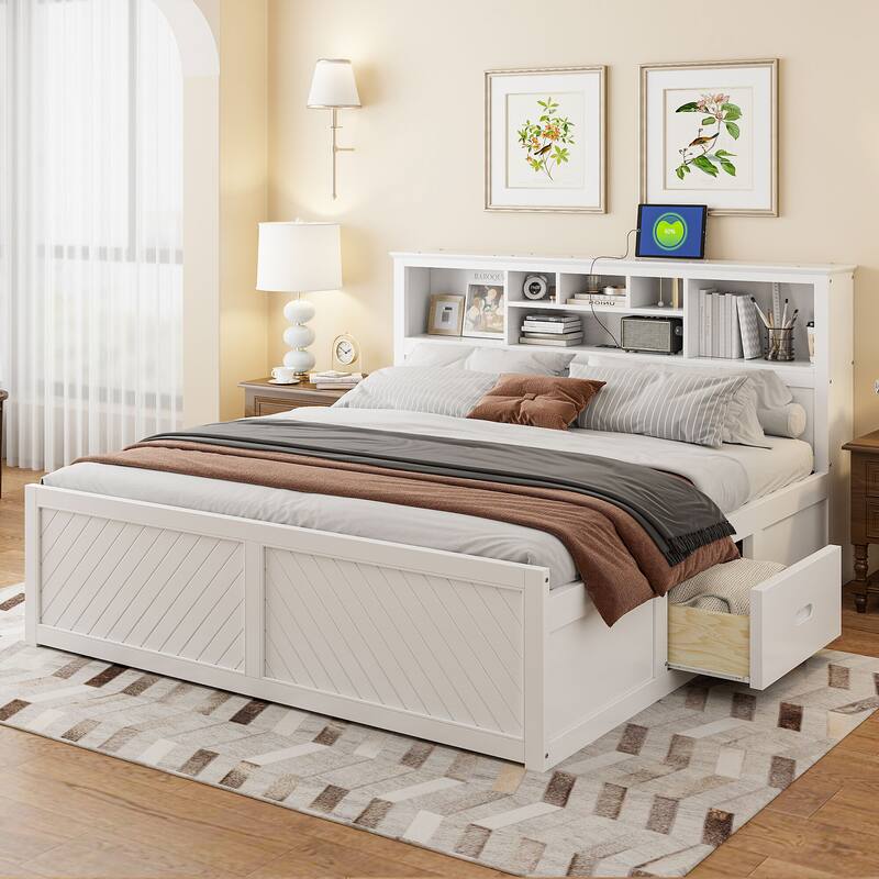 King Size Wood Platform Bed with Multi-storage Headboard, USB and Drawers