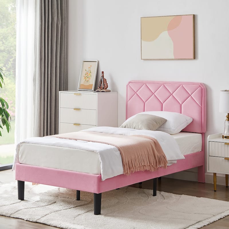2 Pack Twin Size Kids Bed Frame Height Adjustable Diamond Pattern Upholstered Headboard Bed Twin Size Bed Set of 2
