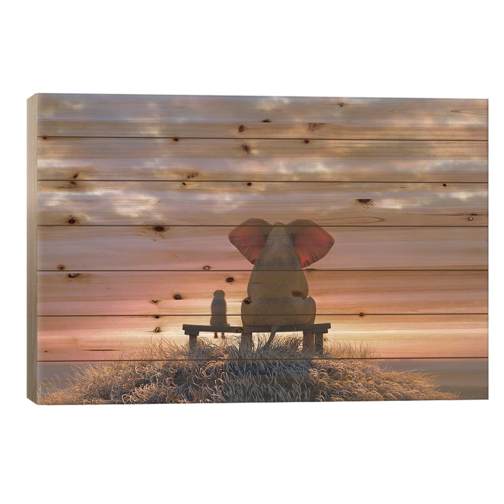 Elephant And Dog Watch The Sunrise On The Seashore Print On Wood by Mike Kiev - Multi-Color