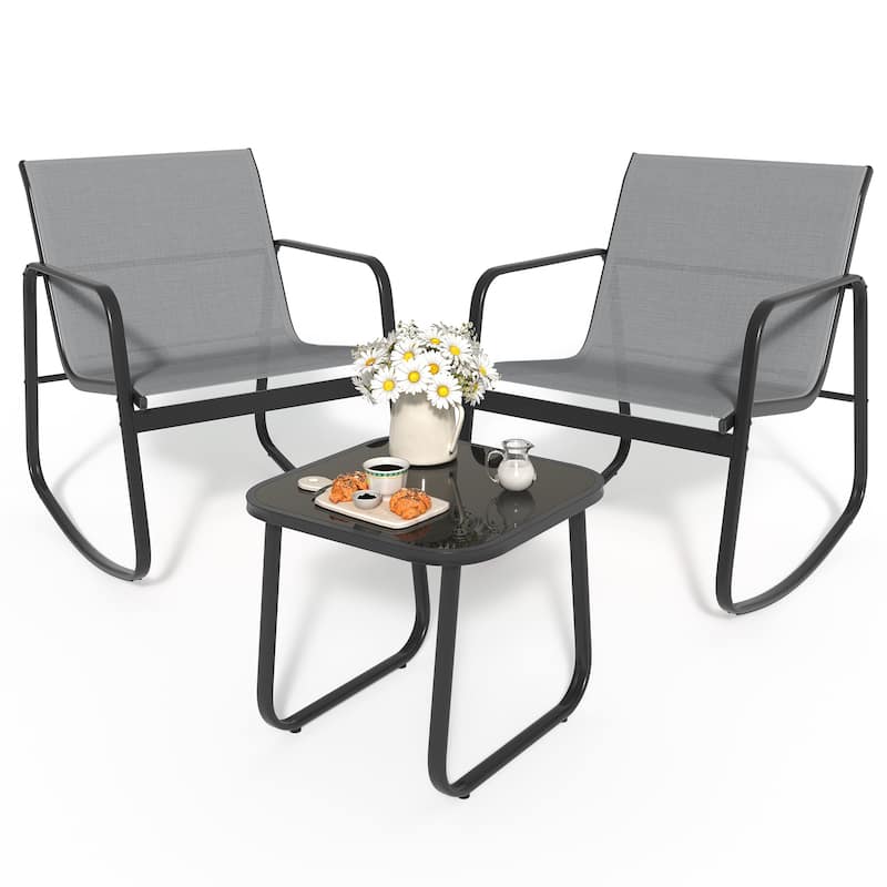 Moasis 3 Piece Rocking Patio Furniture Bistro Set with Chairs and Glass Table - Grey