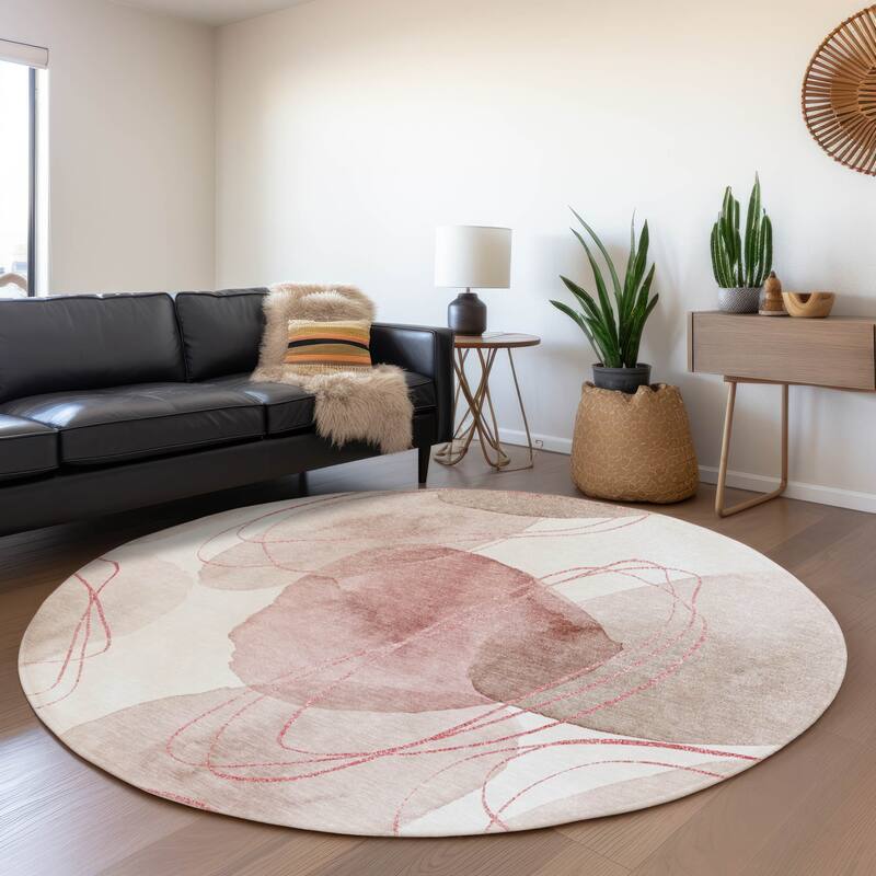 Machine Washable Indoor/ Outdoor Modern Circles Chantille Rug - Merlot - 8' x 8'