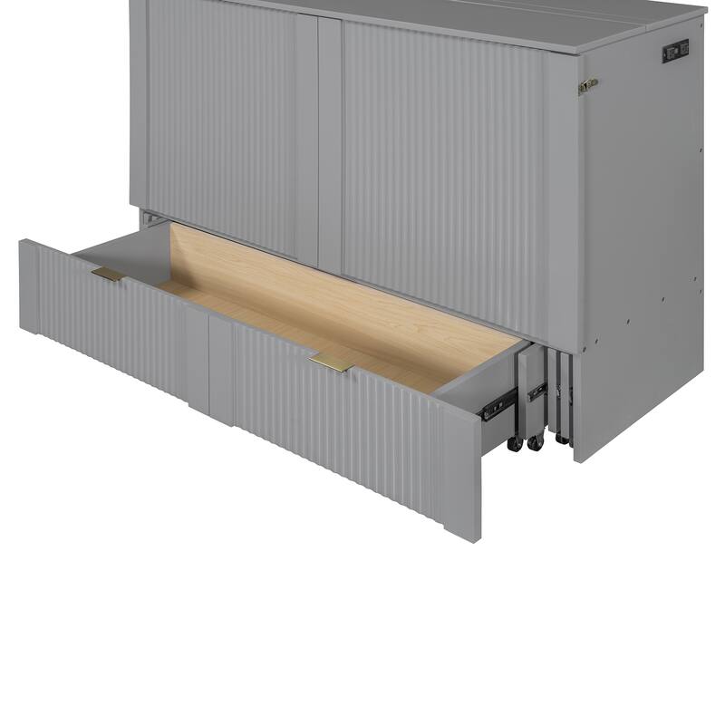 Space-Saving Queen Size Murphy Bed with Drawer, USB Ports, and Pulley Mechanism, Convertible Wall Bed with Flexible Slats