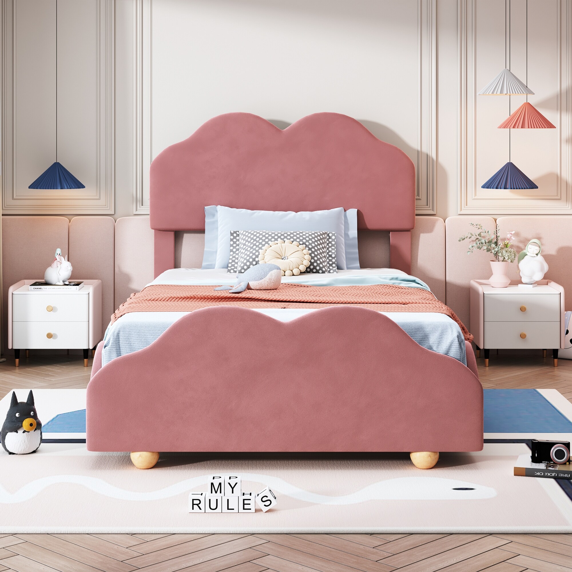 Full or Twin Kids Bed Velvet Upholstered Bed Frame Spherical Foot
