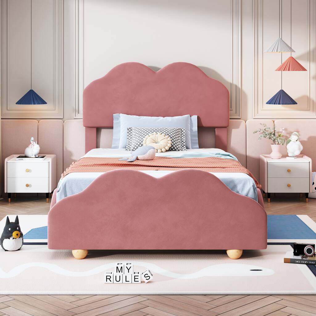 Twin Size Upholstered Platform Bed with Cloud Shaped bed board