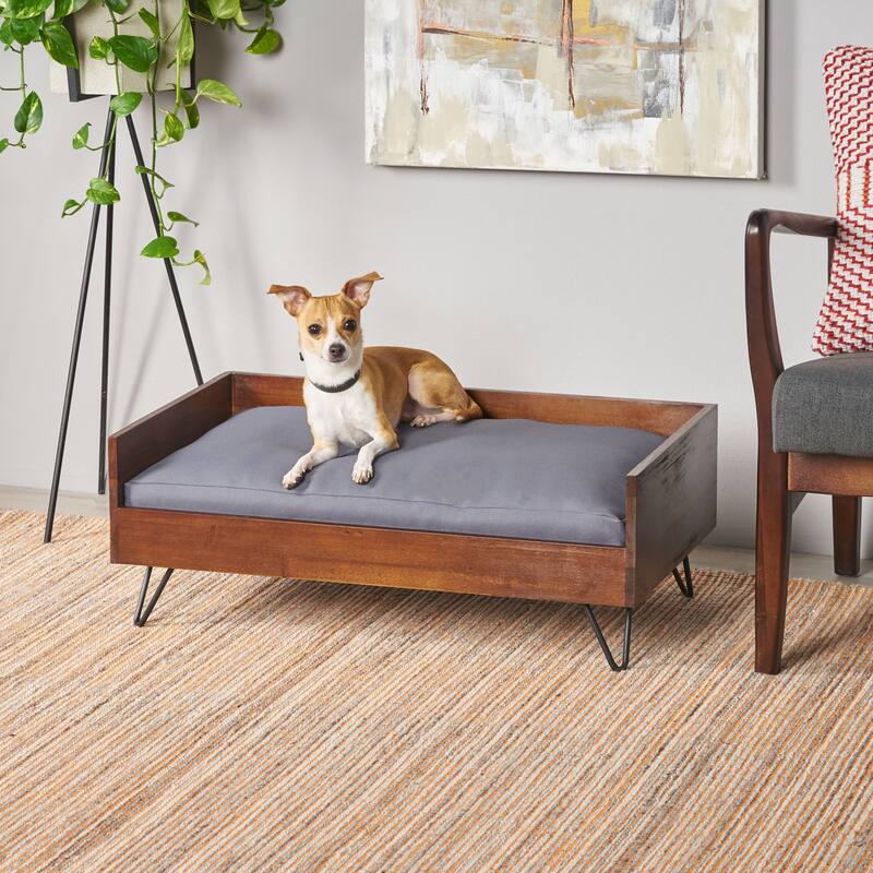 Roomfitters Solid Wood Pet Bed with Metal Legs, Modern Frame and Cushion, Indoor Lounge in Walnut Brown