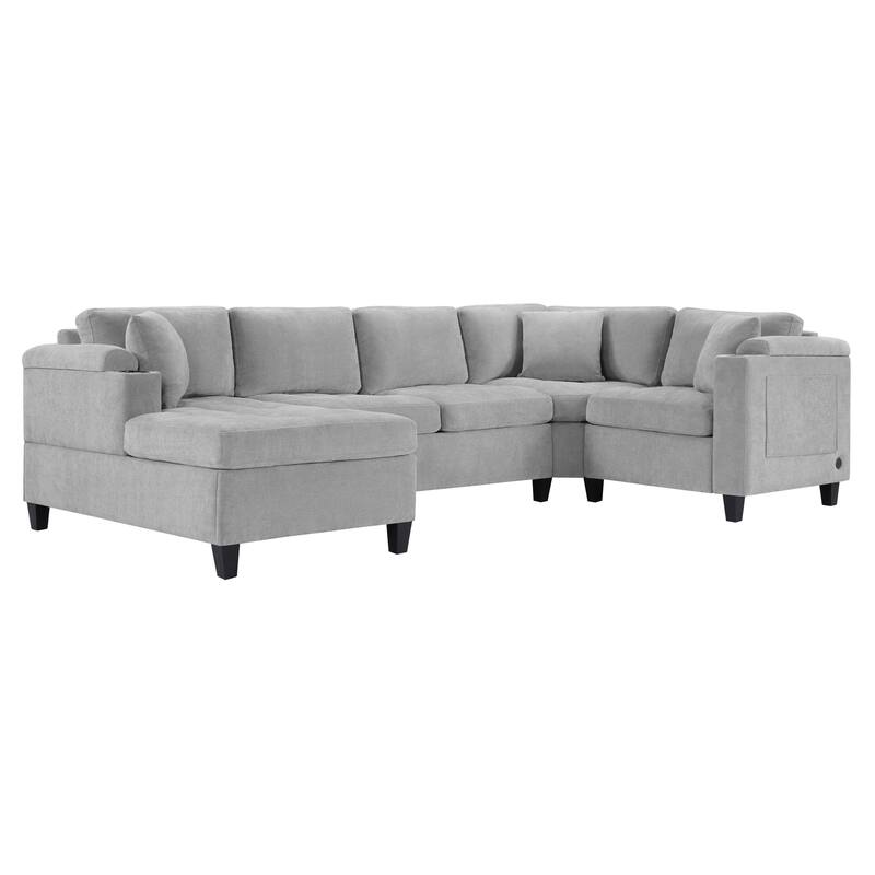 Oversized Corner Sectional, Modern U-Shaped Sectional Sofa with Built-in Storage Boxes and Dual Cup Holders, USB Ports, Pockets