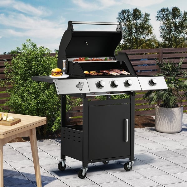 slide 2 of 9, 3-Burner Propane Grill with Side Burner, Locking Wheels, 395 Sq. In. Cooking Area, 36,000 BTU Black - Propane Gas