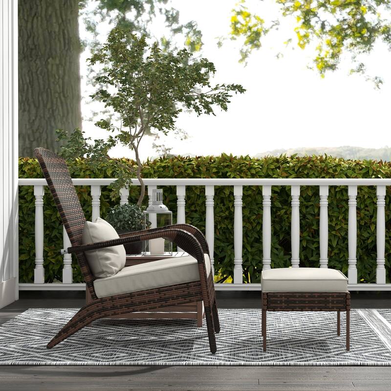 Outdoor Wicker Adirondack Chair with Ottoman, High-Back Lounge Chair with Cushions for Fire Pit, Porch, Patio