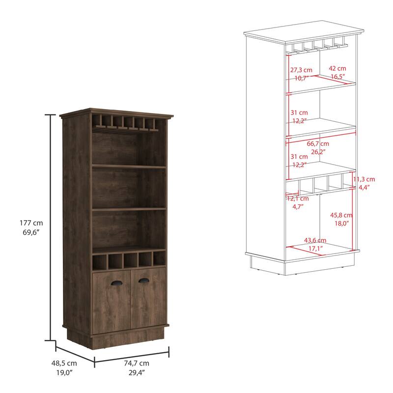 Dundee 70-Inch High 10-Glass Bar Cabinet with 5 Cubbies