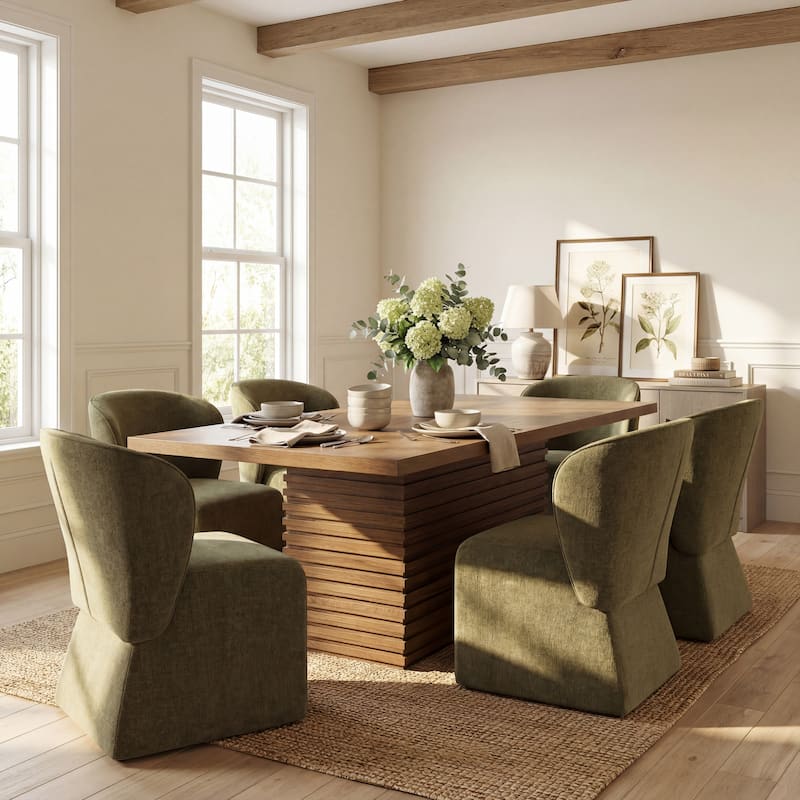 Christopher Knight Home - Eddie 7-Piece Upholstered Dining Set with 84" Rectangular Pillar Base Dining Table - Walnut+Olive Green