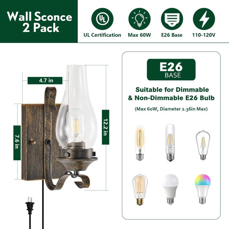 Vintage Plug-in Wall Sconces Set of 2 Rustic Farmhouse Lights for Bedroom, Living Room, or Hallway (No Bulbs) - N/A