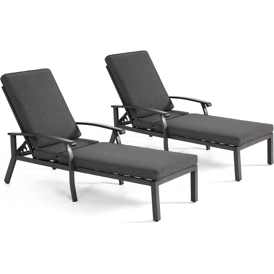 HOMEFUN Outdoor Aluminum Reclining 5-Position Adjustable Backrest Chaise Lounge(set of 2) with Cushion