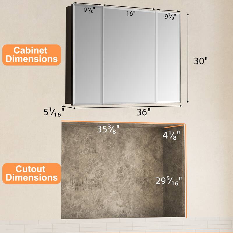 Belle Medicine Cabinet with Mirror, Adjustable Shelves, Recessed or Wall Mount