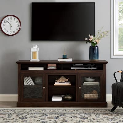 60 Stone Gray TV Stand with Adjustable Shelves, Glass Doors & Cable Management.