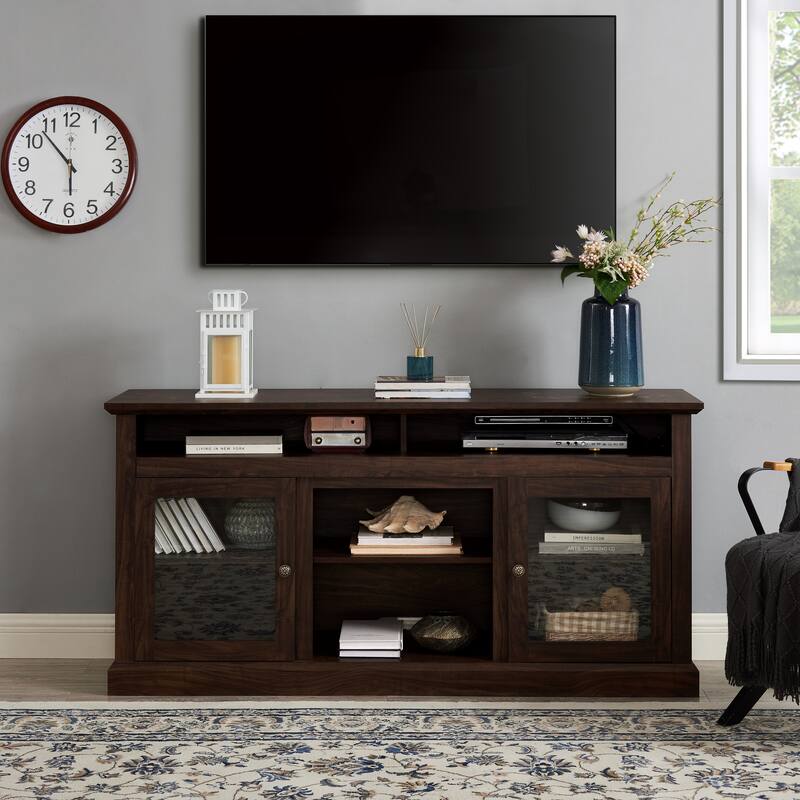 Contemporary TV Media Stand Modern Entertainment Console for TV Up to 65", Open and Closed Storage Space, Dark Walnut/Black - Brown