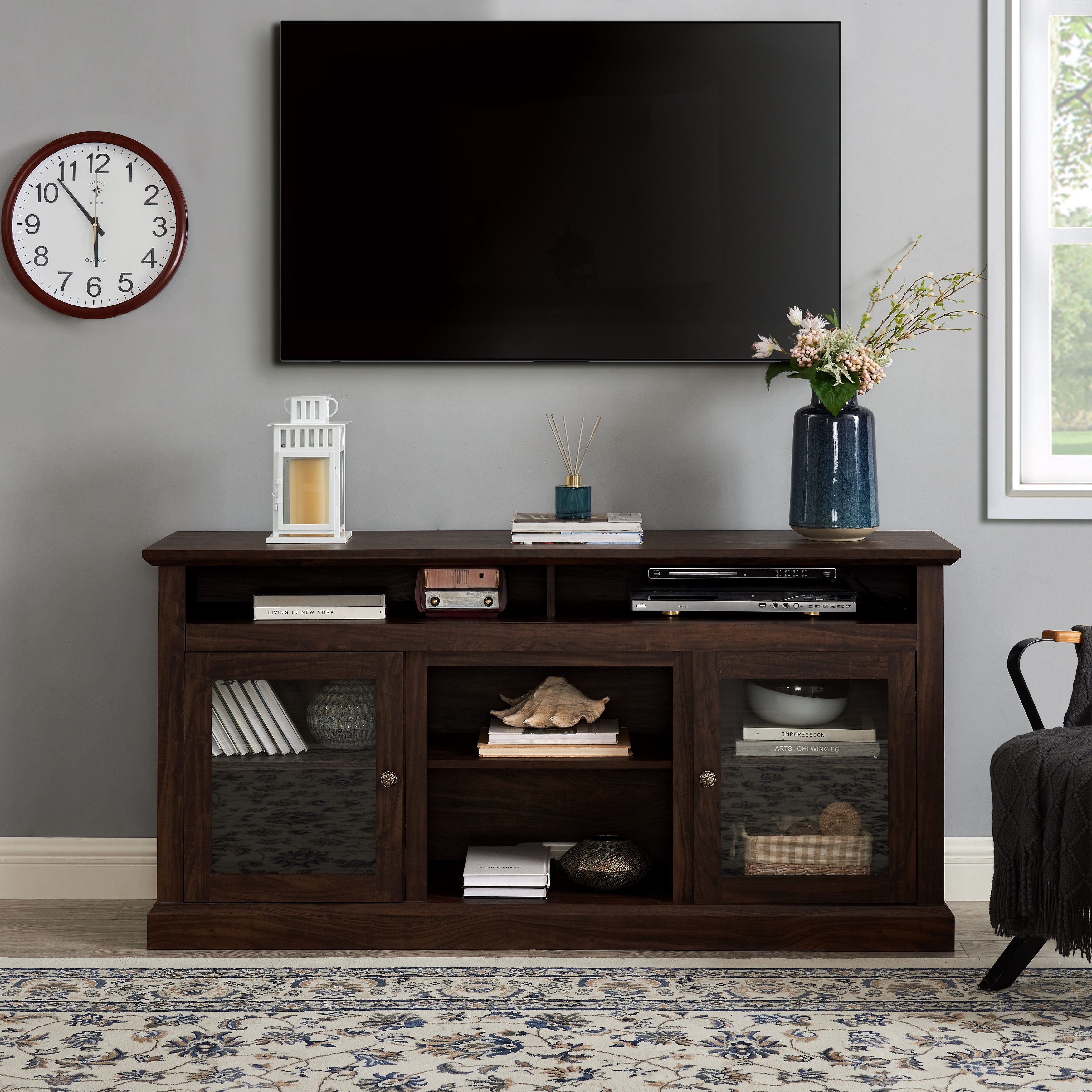 Modern TV Stand, for TVs Up to 65'' with Adjustable Shelves and Open Shelving, for Living Rooms, Brown