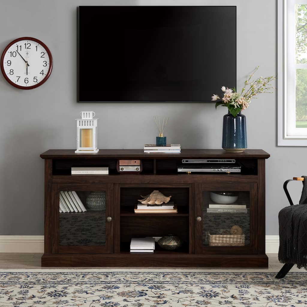 Modern TV Stand, for TVs Up to 65'' with Adjustable Shelves and Open Shelving, for Living Rooms, Brown