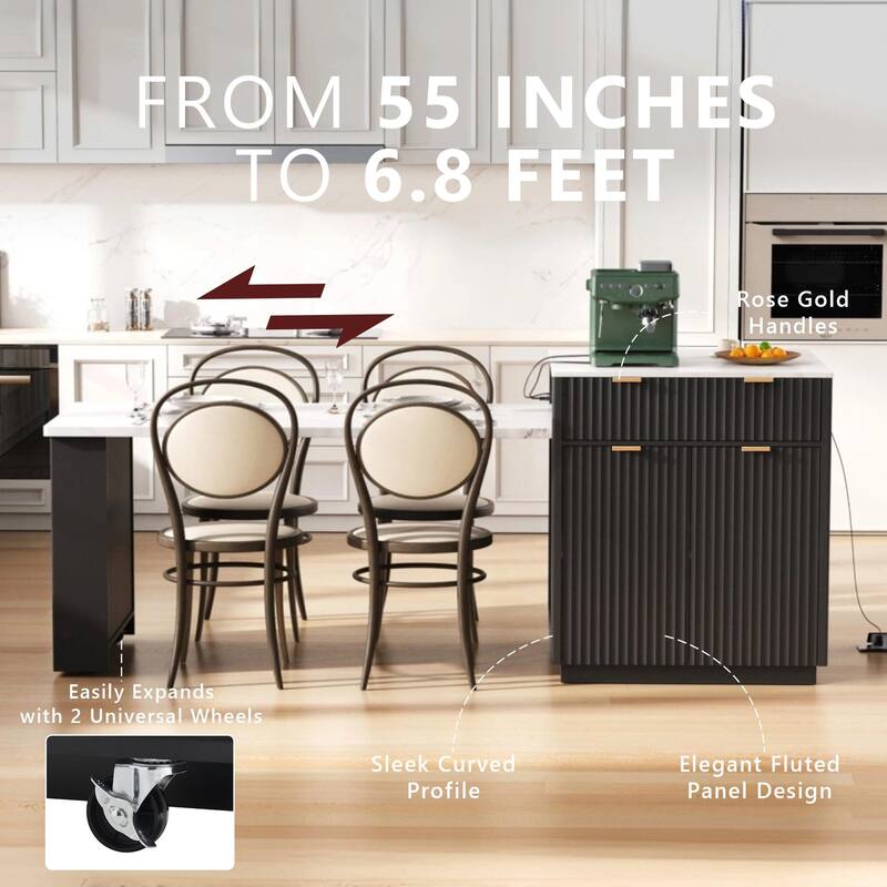 Fluted Kitchen Island with Extendable Dining Table, Power Outlet, Double Side Storage, 2 Drawers and 2 Side Open Shelves