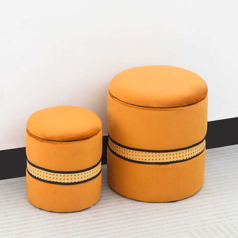 Adeco Set of 2 Velvet Storage Ottoman Round Foot Stool Metal Band