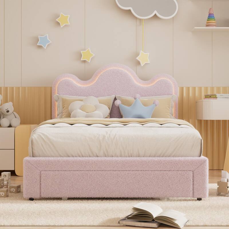 Upholstered LED Bed Frame, with Storage Drawer, No Box Spring Needed - Pink - Full